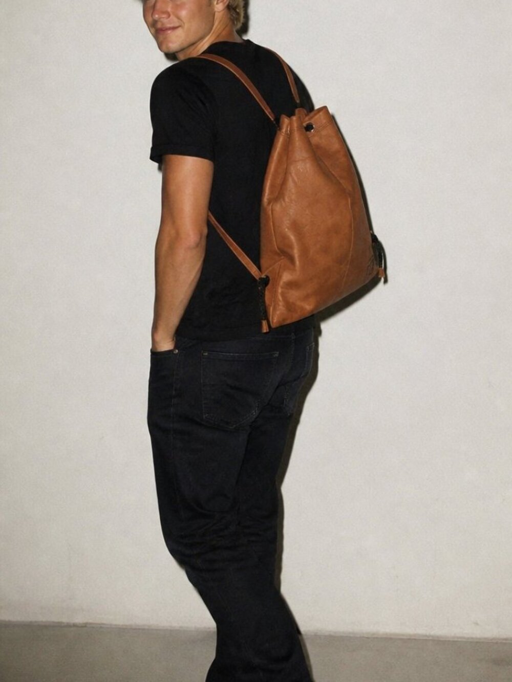 Berliner Men's Tan Genuine Goat Leather Drawstring Gym Backpack NEW